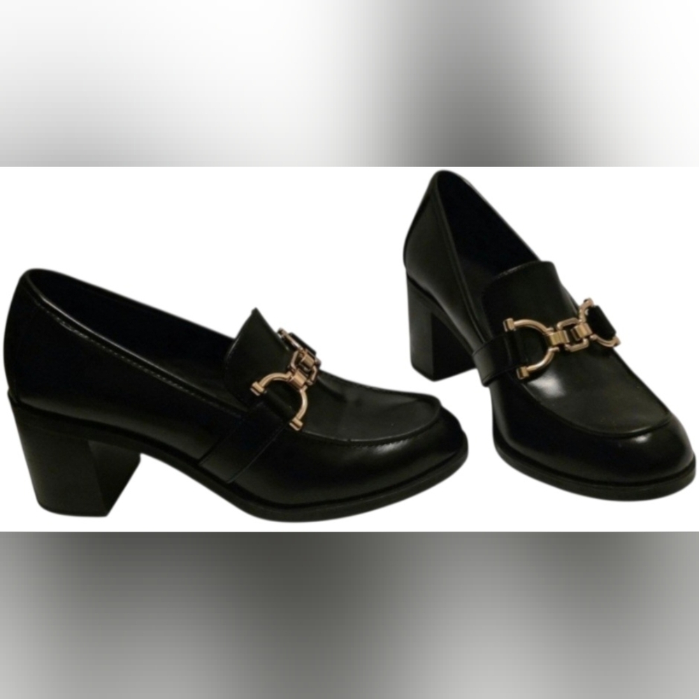 H&M Black Chunky Heeled Loafers with Gold Horsebit Detail